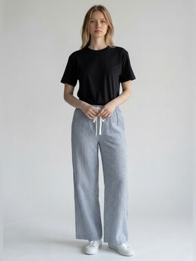 Max Studio Wide Leg Linen Pants XL Blue White Pull On Drawstring Waist Pockets